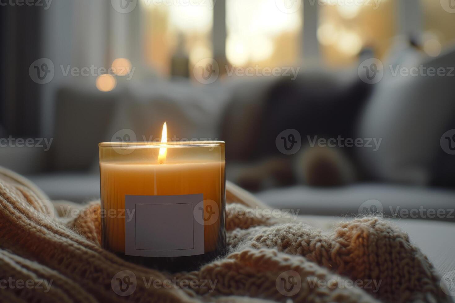 AI generated Burning candle mockup in a glass container with a white label. Generative AI photo
