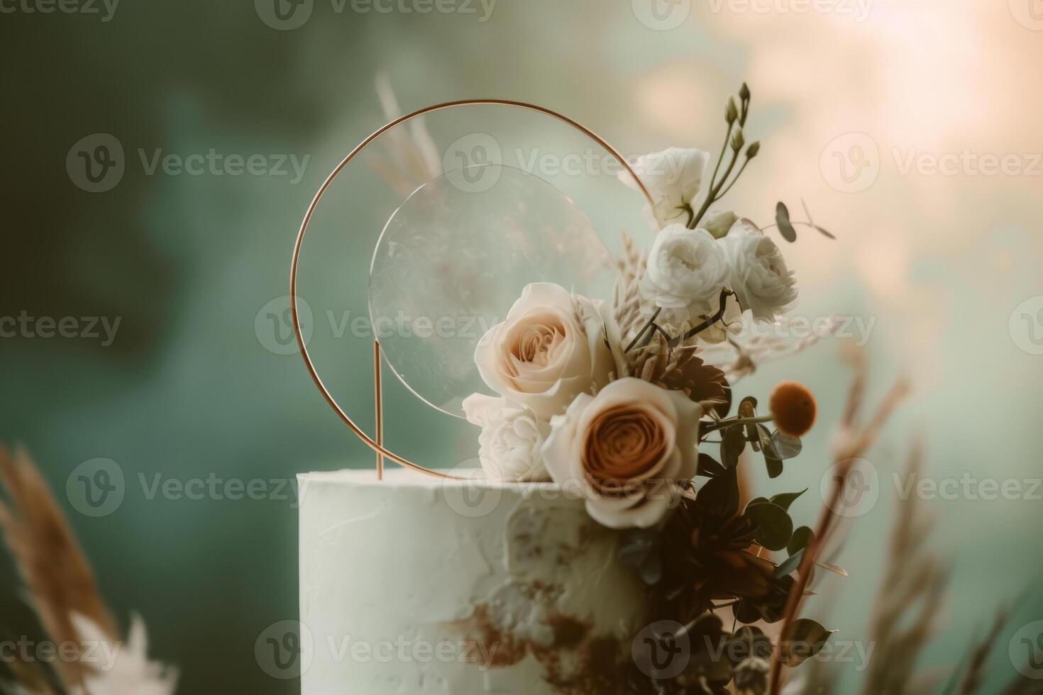 AI generated Designer cake decorated with flower on sunny background. Generative AI photo