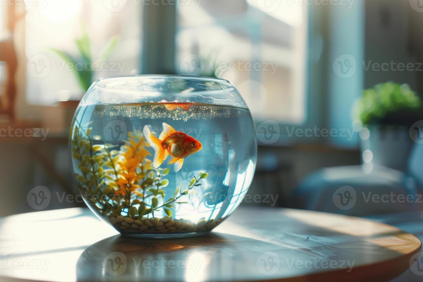 AI generated Aquarium with goldfish on the table in the sunny room. Generative AI photo