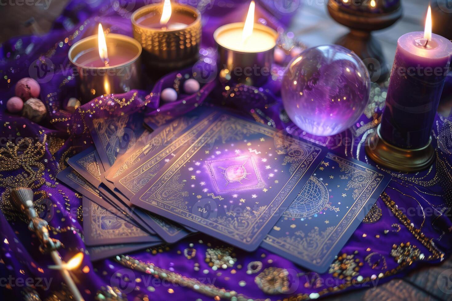 AI generated Mystic crystal ball, tarot cards and burning candles on purple background. Magic ritual or spell with esoteric symbols. Generative AI photo