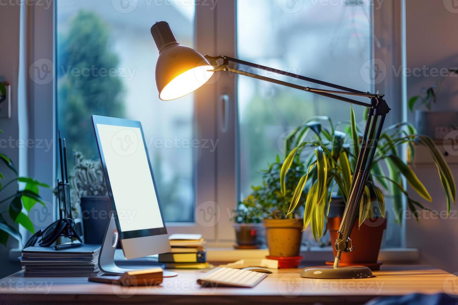 AI generated Home office setup with warm lighting. Online remote work from home concept. Generative AI photo
