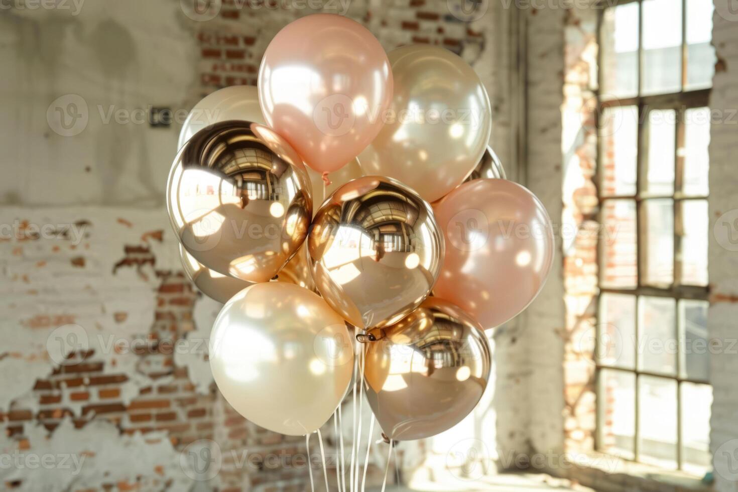 AI generated Bunch of pink and gold chrome balloon. Generative AI photo