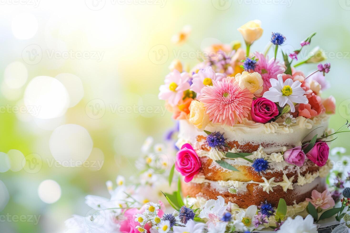 AI generated Beautiful cake decorated with flowers and green leaves. Generative AI photo