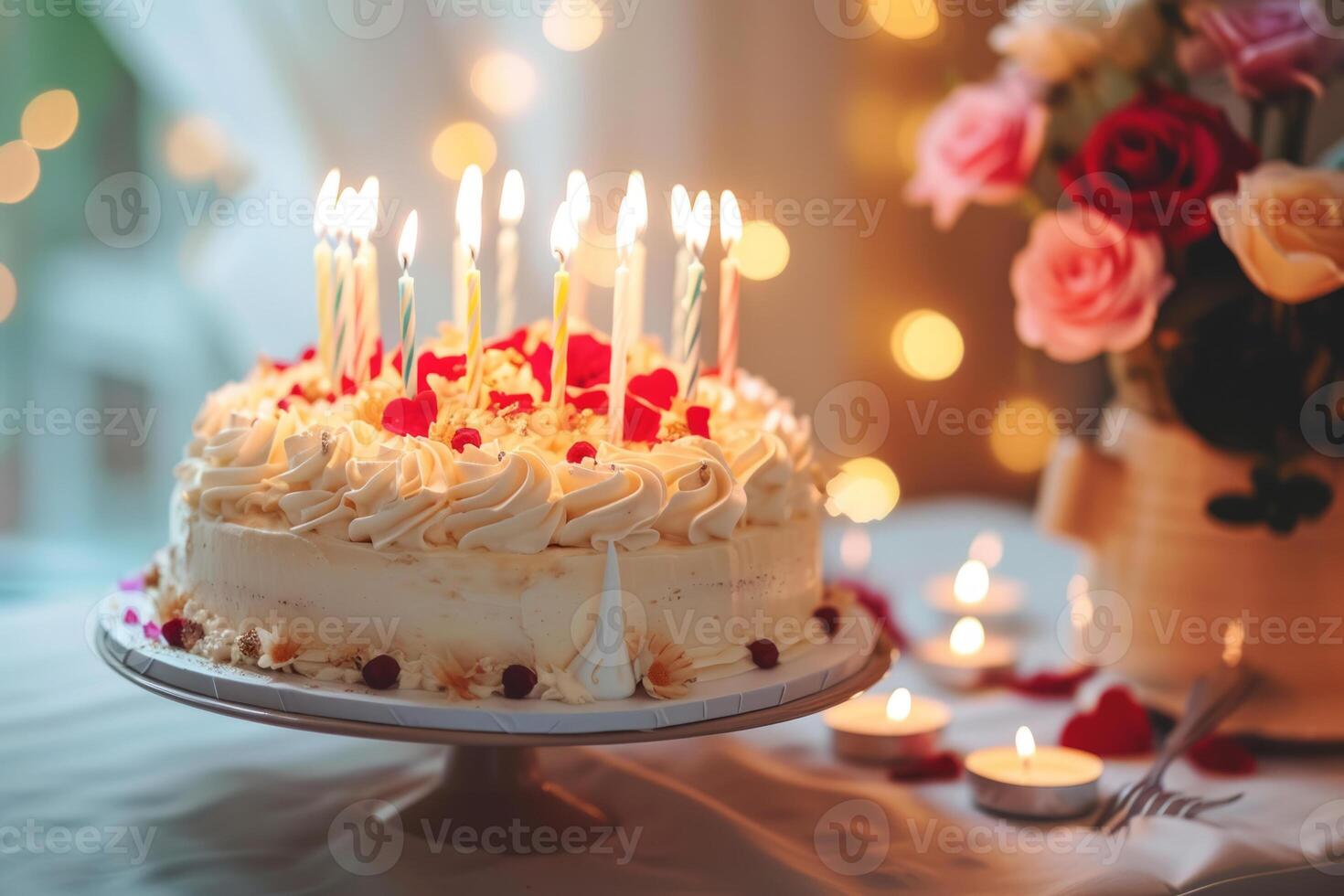 AI generated Beautifully decorated birthday cake with lit candles. Generative AI photo