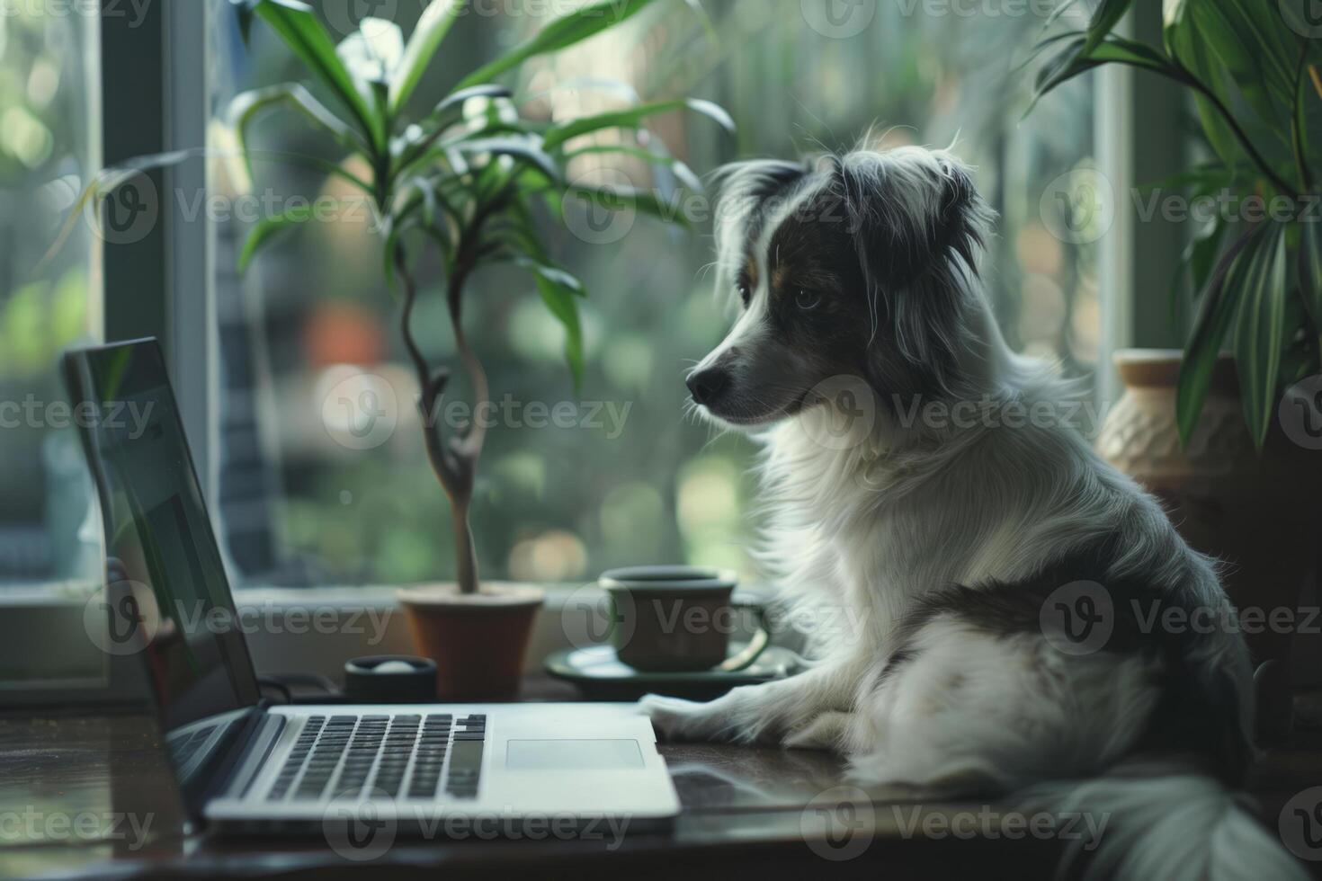 AI generated Cute dog on desktop with notebook, coffee cup and plant in stylish room. Freelance concept. Generative AI photo