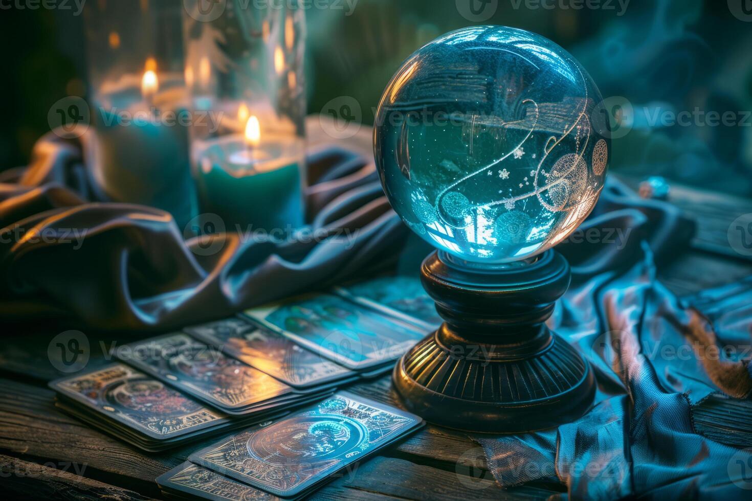 AI generated Fortune telling table with a magic crystal ball and tarot cards. Generative AI photo