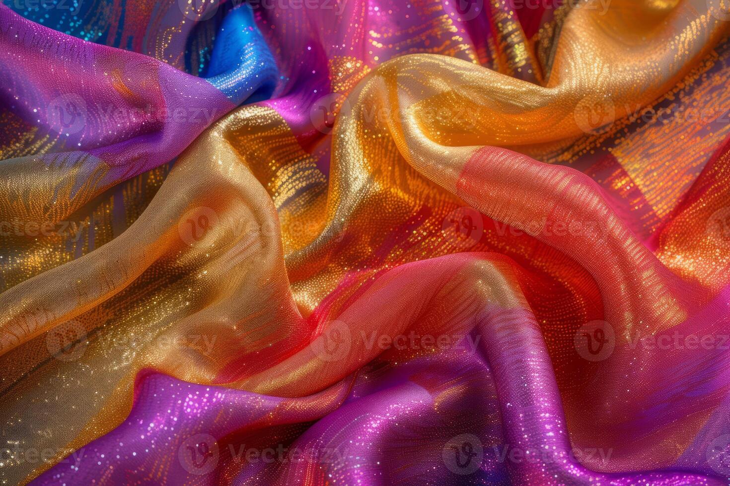 AI generated Colorful silk fabric with patterns, shimmer and sequins. Generative AI photo