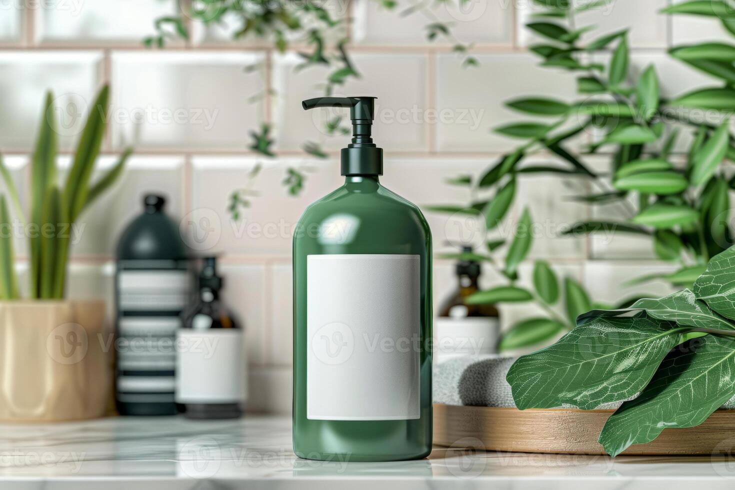 AI generated Shampoo green bottle mockup with blank label in bathroom. Minimalist style. Generative AI photo
