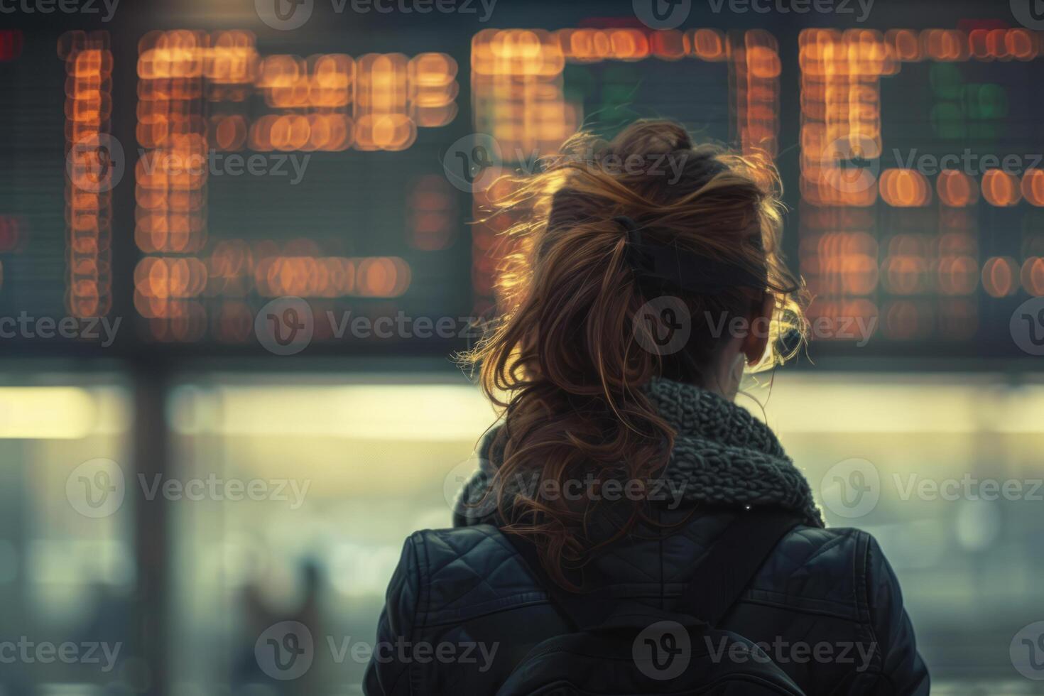 AI generated Rear view of a woman looking at arrival departure board. Generative AI photo