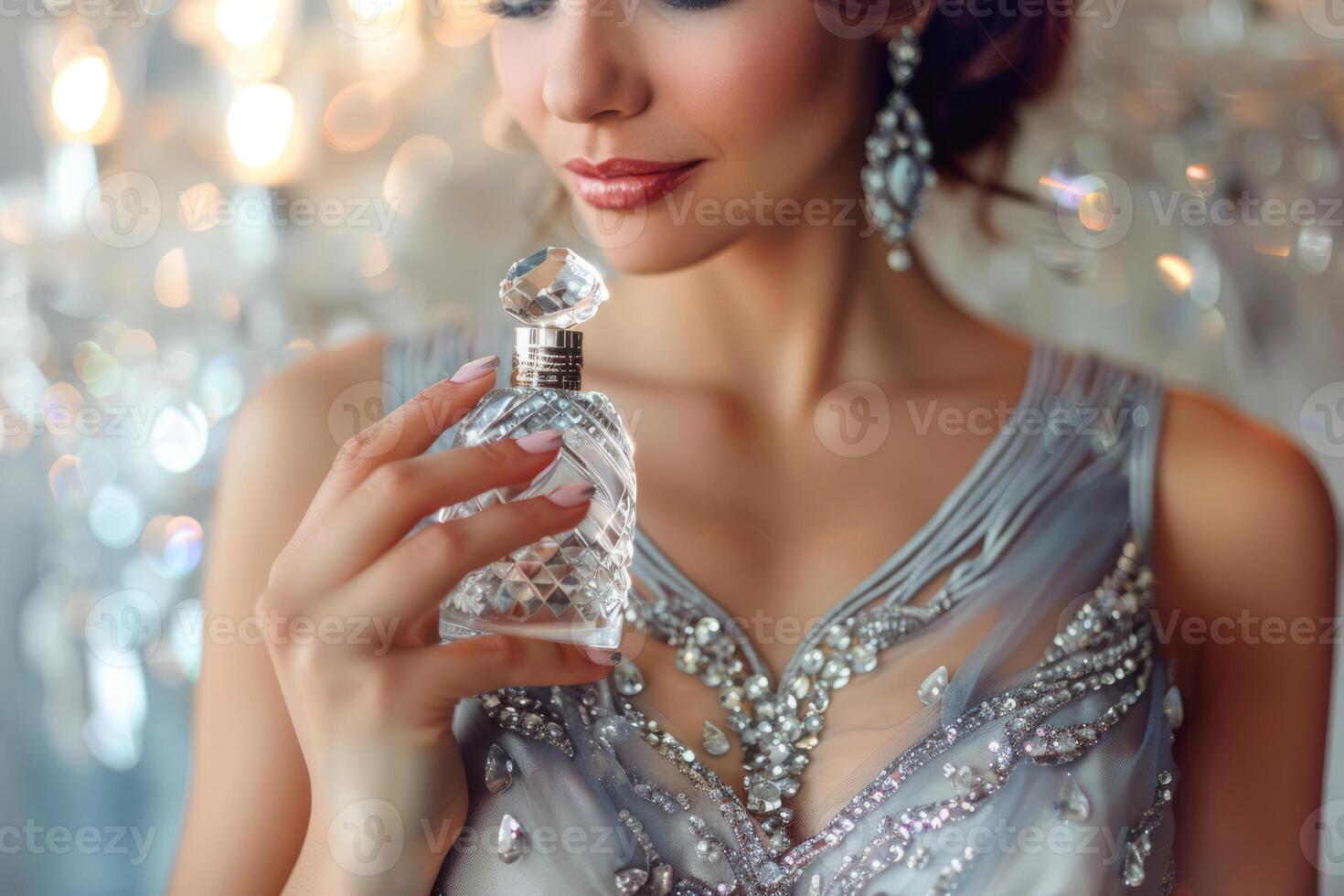AI generated Woman in a evening dress holds a bottle of perfume. Generative AI photo