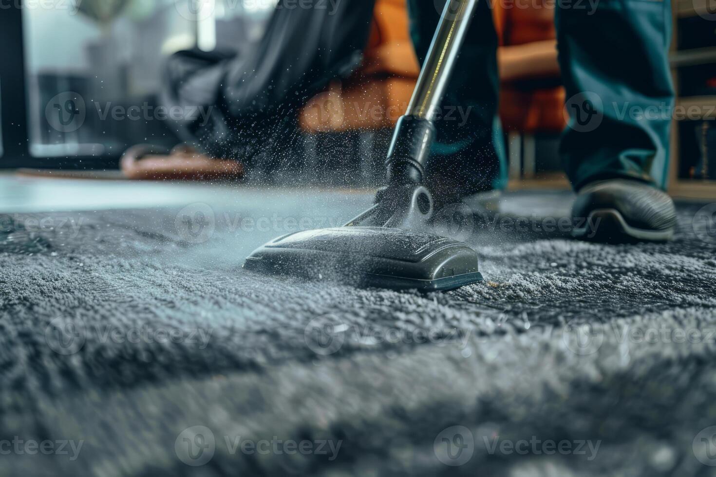 AI generated Professional cleaner washing a carpet with vacuum cleaner indoors. Generative AI photo