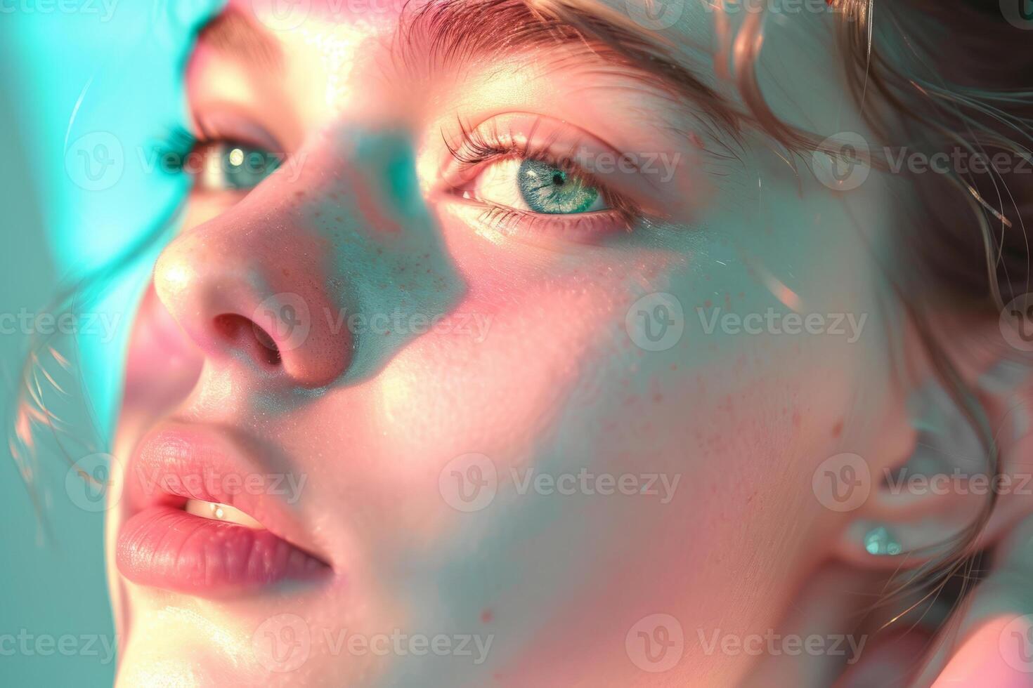 AI generated Beautiful girl with pastel teal and pink makeup. Generative AI photo