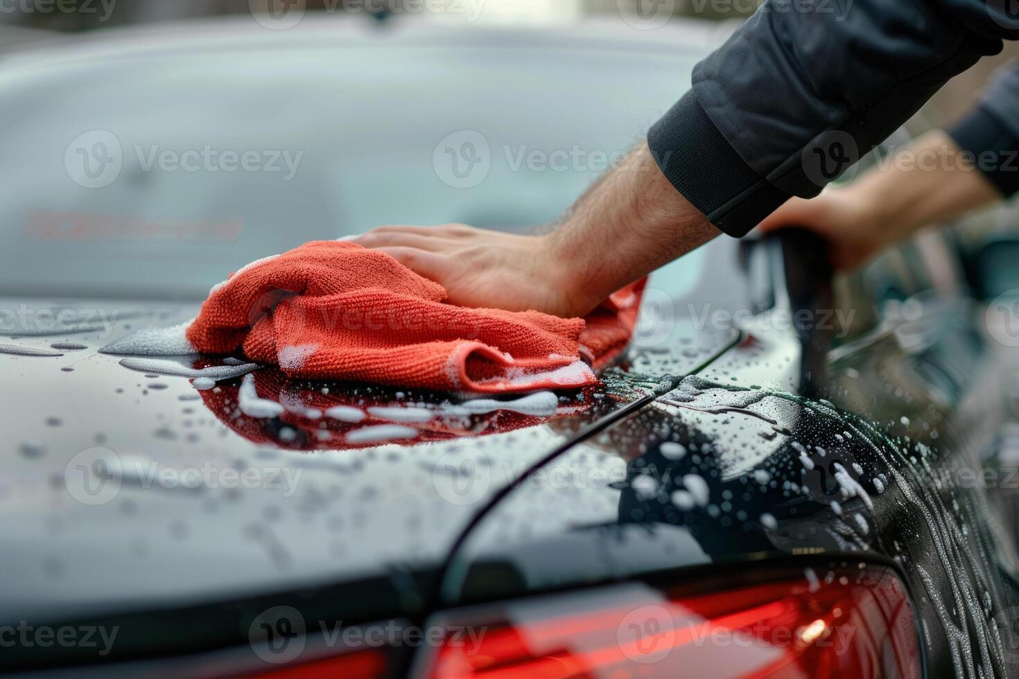 AI generated Man washing a soapy car with a microfiber cloth. Cleaning the car. Generative AI photo