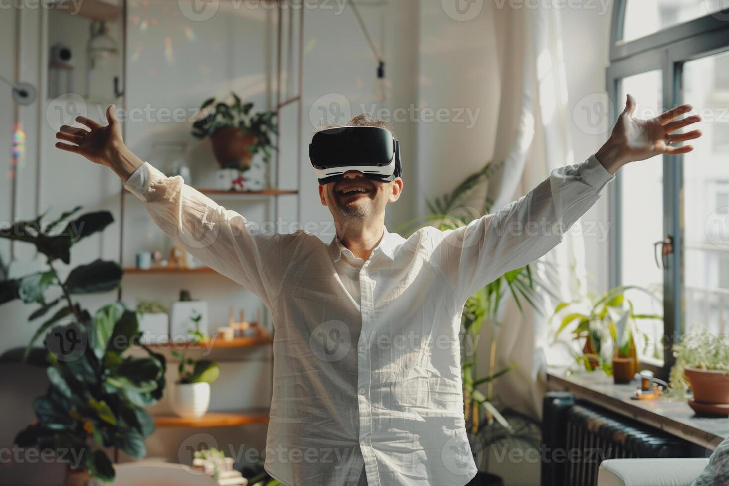 ai generado alegre hombre en virtual realidad lentes bailando cuando jugando vídeo juego a hogar. generativo ai foto