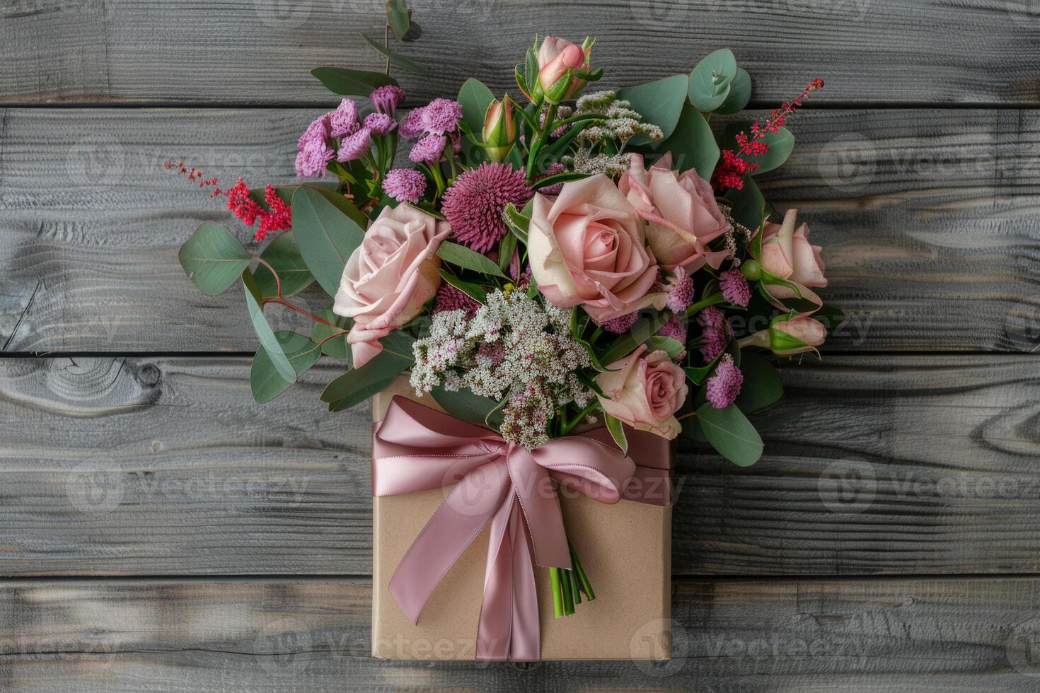 AI generated Gift box tied with ribbon and a bouquet of flowers on wooden background. Generative AI photo