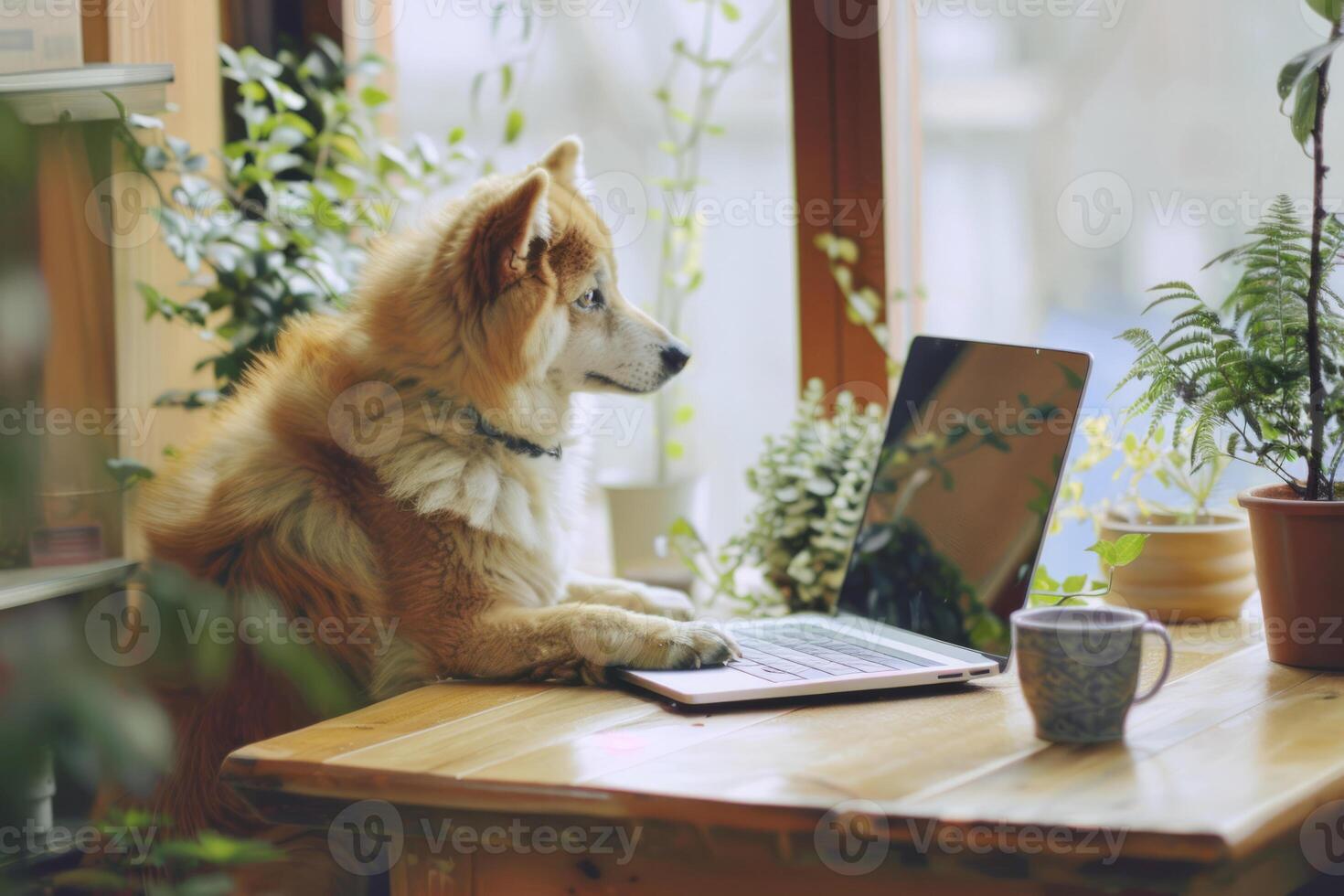 AI generated Cute dog on desktop with notebook, coffee cup and plant in stylish room. Freelance concept. Generative AI photo