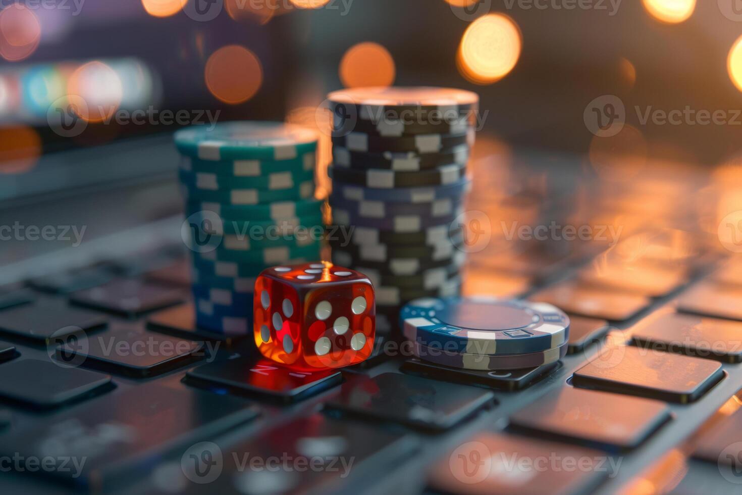 ai generado apilar de casino papas fritas y dado mentira en un ordenador portátil teclado. generativo ai foto