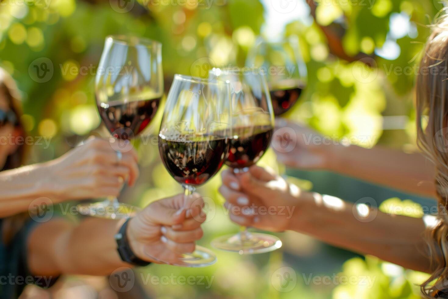 AI generated Friends toasting with glasses of red wine during outdoor party in summer. Generative AI photo
