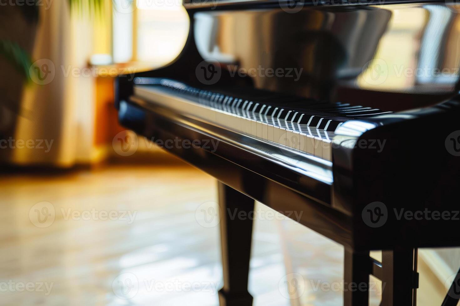 AI generated Black grand piano in room, side view. Generative AI photo