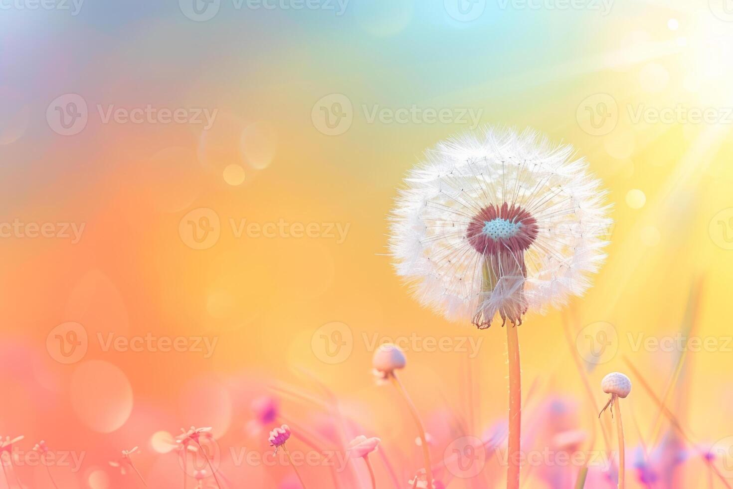 AI generated Dandelion on soft pastel background. Closeup of dandelion in morning sunlight. Generative AI photo