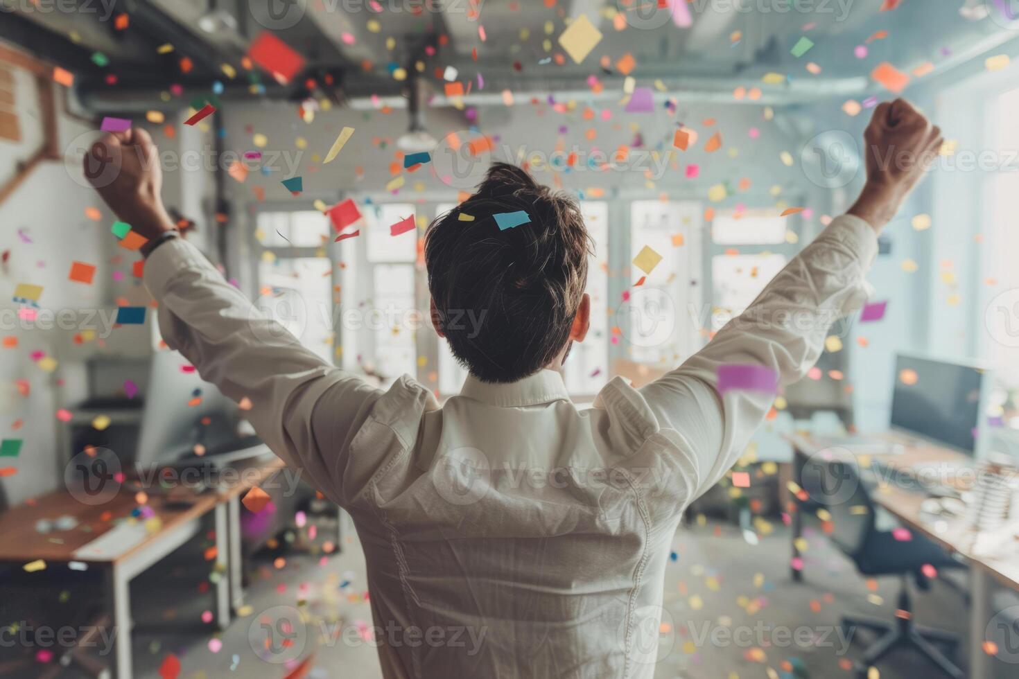 AI generated Rear view of happy businessman celebrates success with confetti in office. Generative AI photo