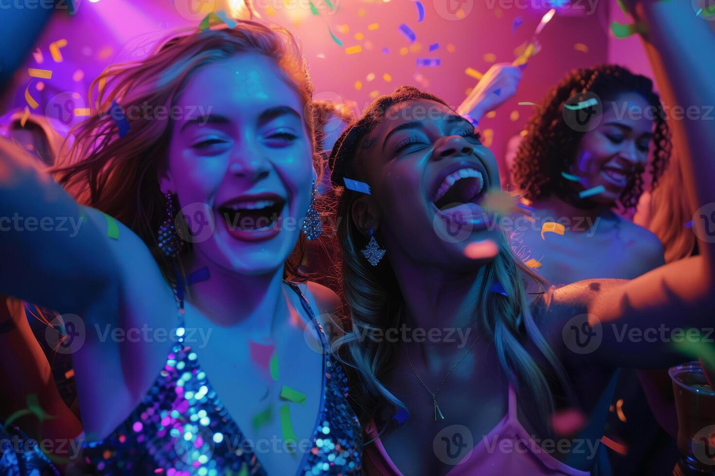 AI generated Young women celebrating and having fun at a party. Group of female friends with sparklers partying in nightclub. Generative AI photo