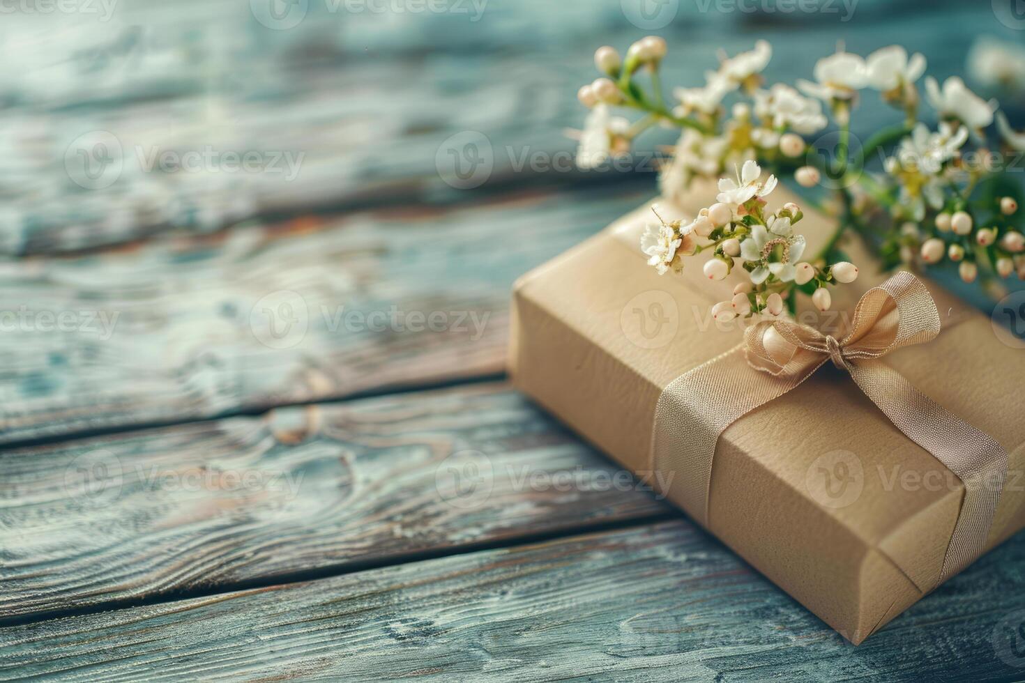 AI generated Gift box tied with ribbon and a bouquet of flowers on wooden background. Generative AI photo