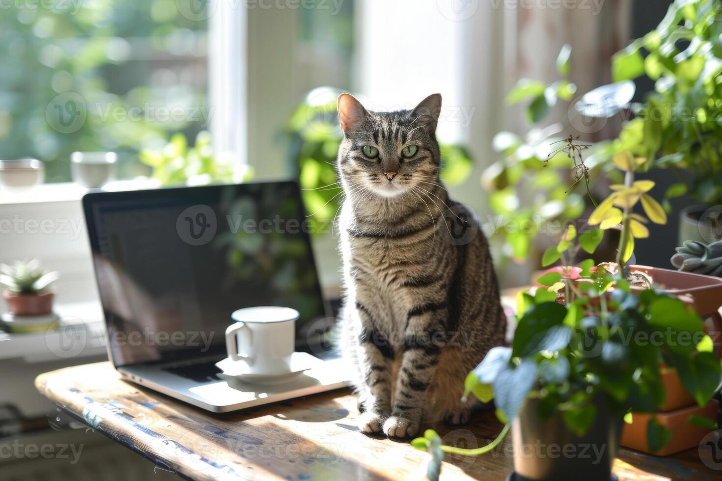ai generado linda gato en escritorio con computadora portátil, café taza y planta en elegante habitación. Lanza libre concepto. generativo ai foto