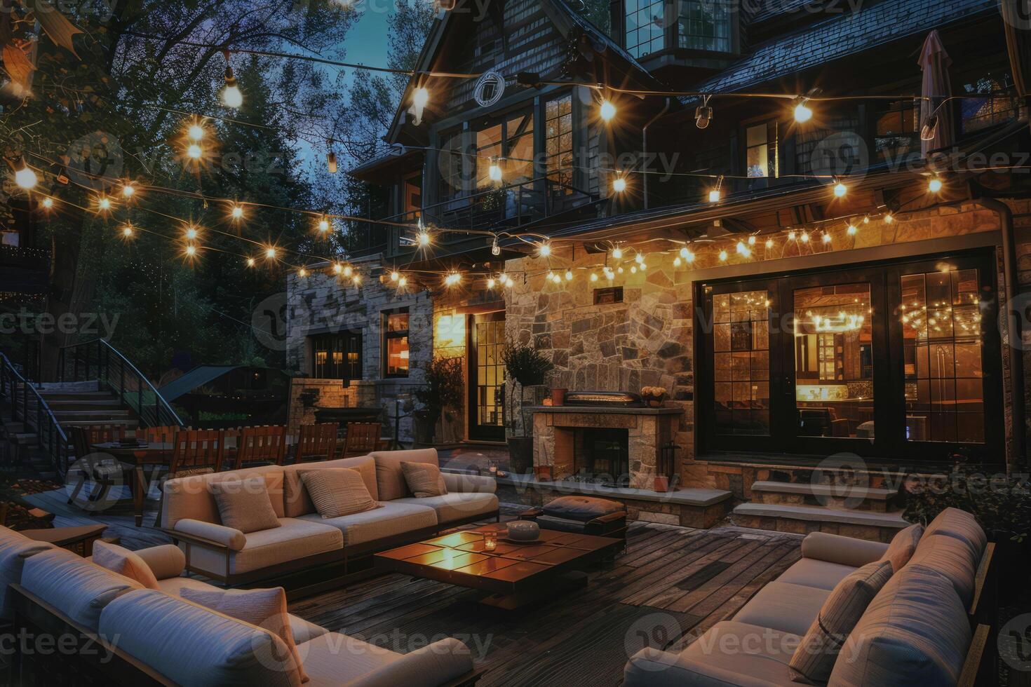 AI generated Cozy terrace with outdoor string light. Generative AI photo