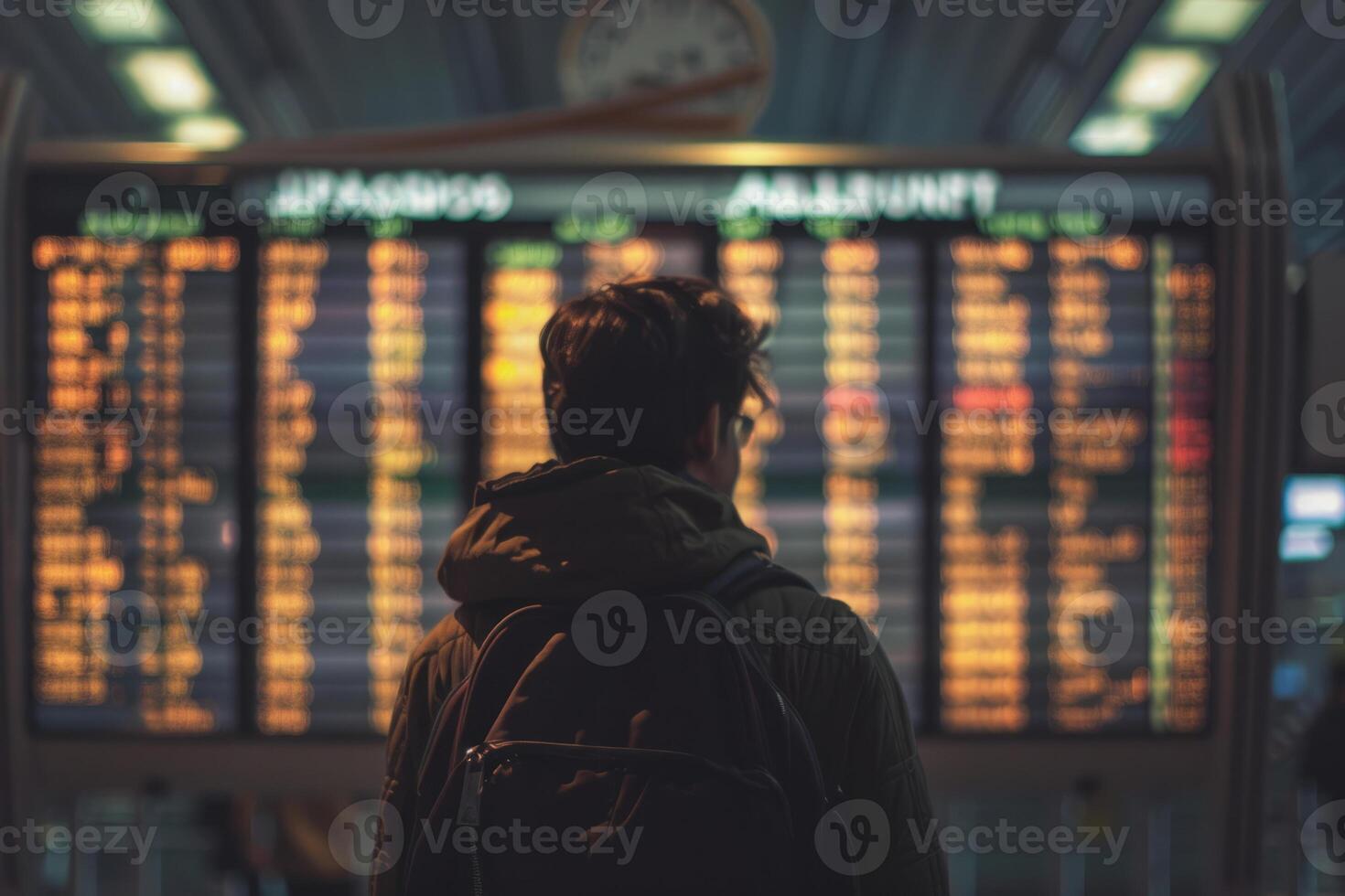 AI generated Rear view of a man looking at arrival departure board. Generative AI photo