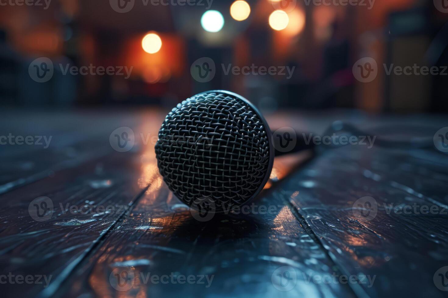 AI generated Microphone laying on the floor of a stage. Generative AI photo