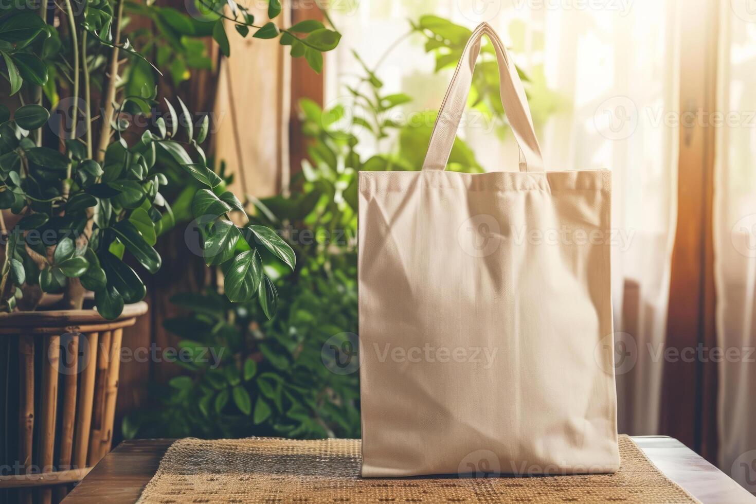 AI generated Blank canvas tote mockup on a table with a decorative plant. Generative AI photo