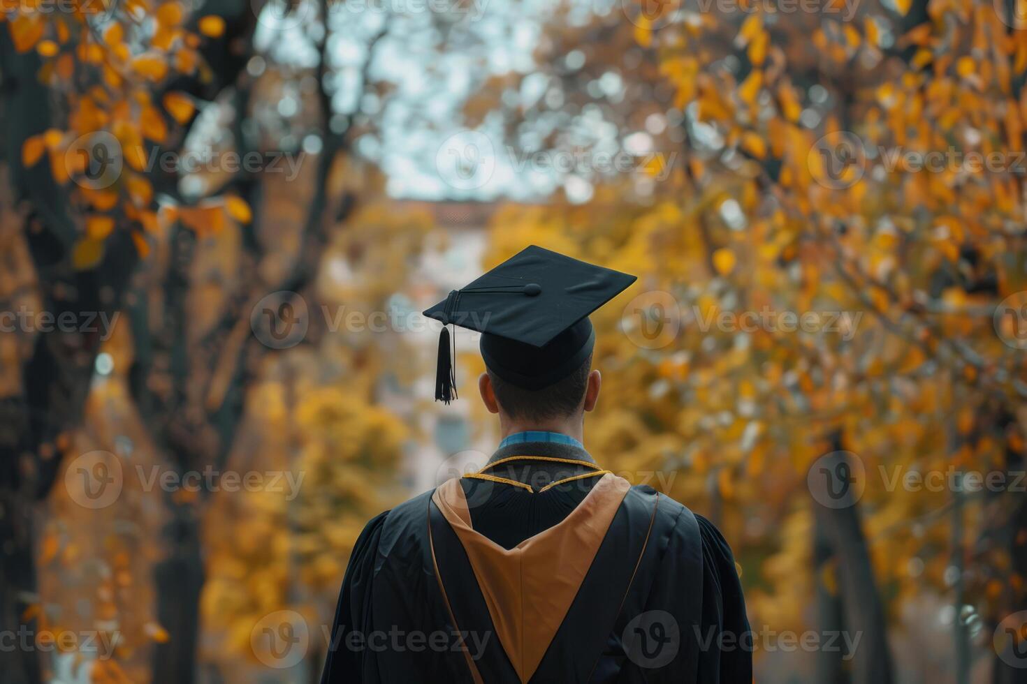 AI generated Rear view of man in graduation attire near university. Generative AI photo