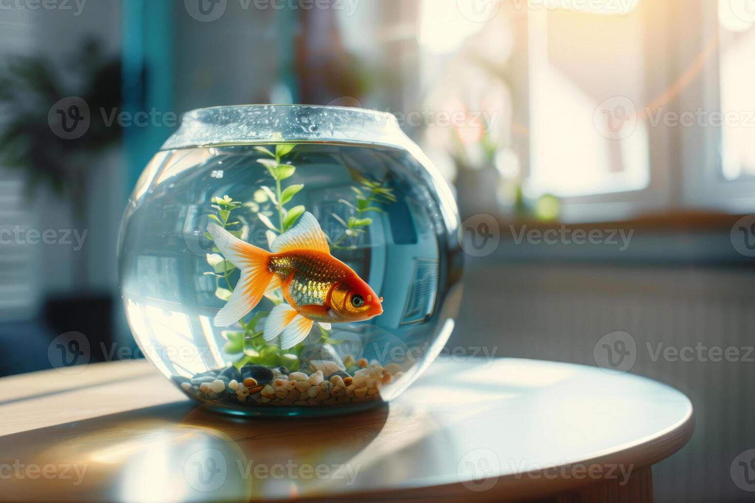 AI generated Aquarium with goldfish on the table in the sunny room. Generative AI photo