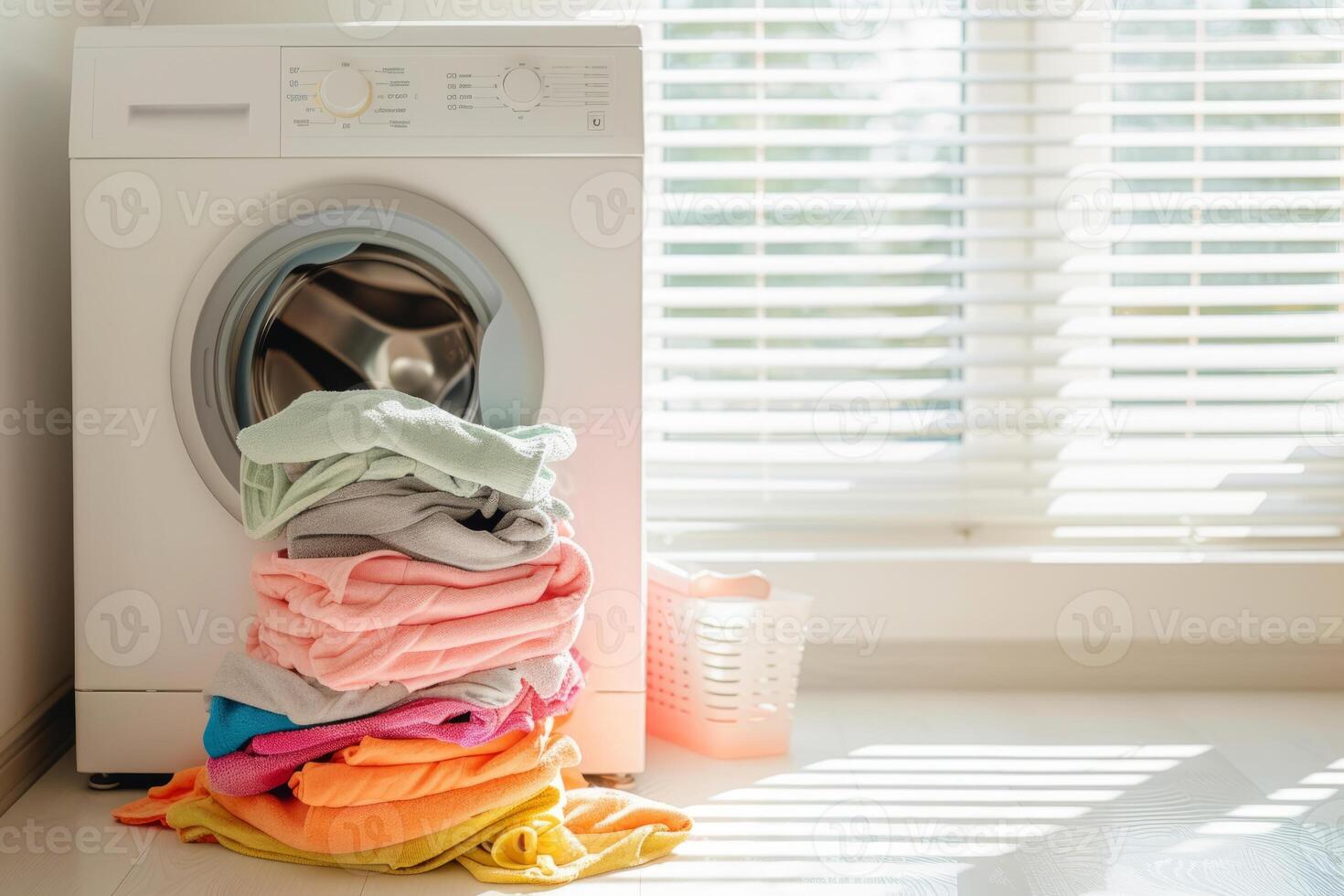 AI generated Dirty laundry piled up next to a washing machine. Spring cleaning concept. Generative AI photo