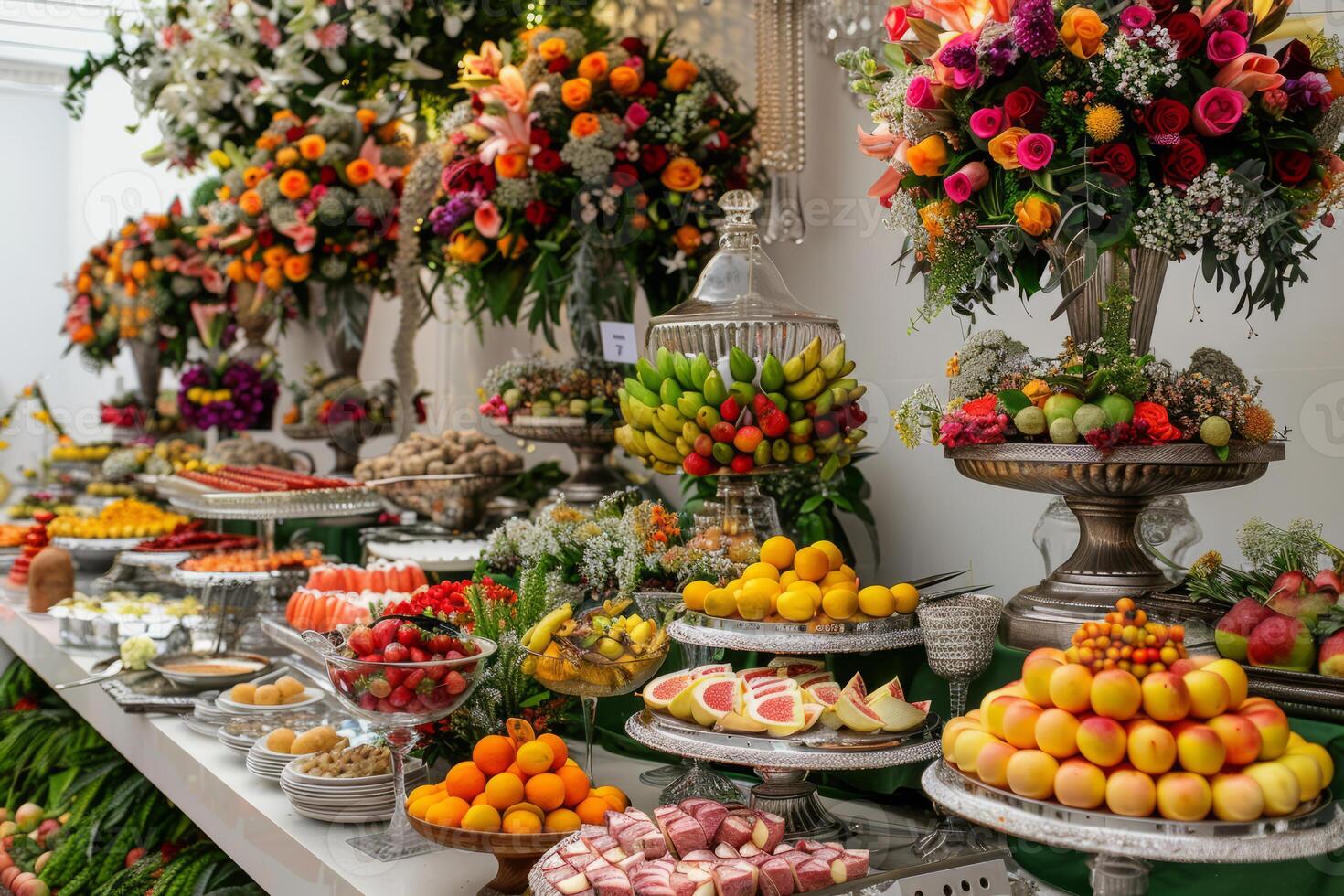 AI generated Catering buffet table with a delicious food on wedding. Generative AI photo