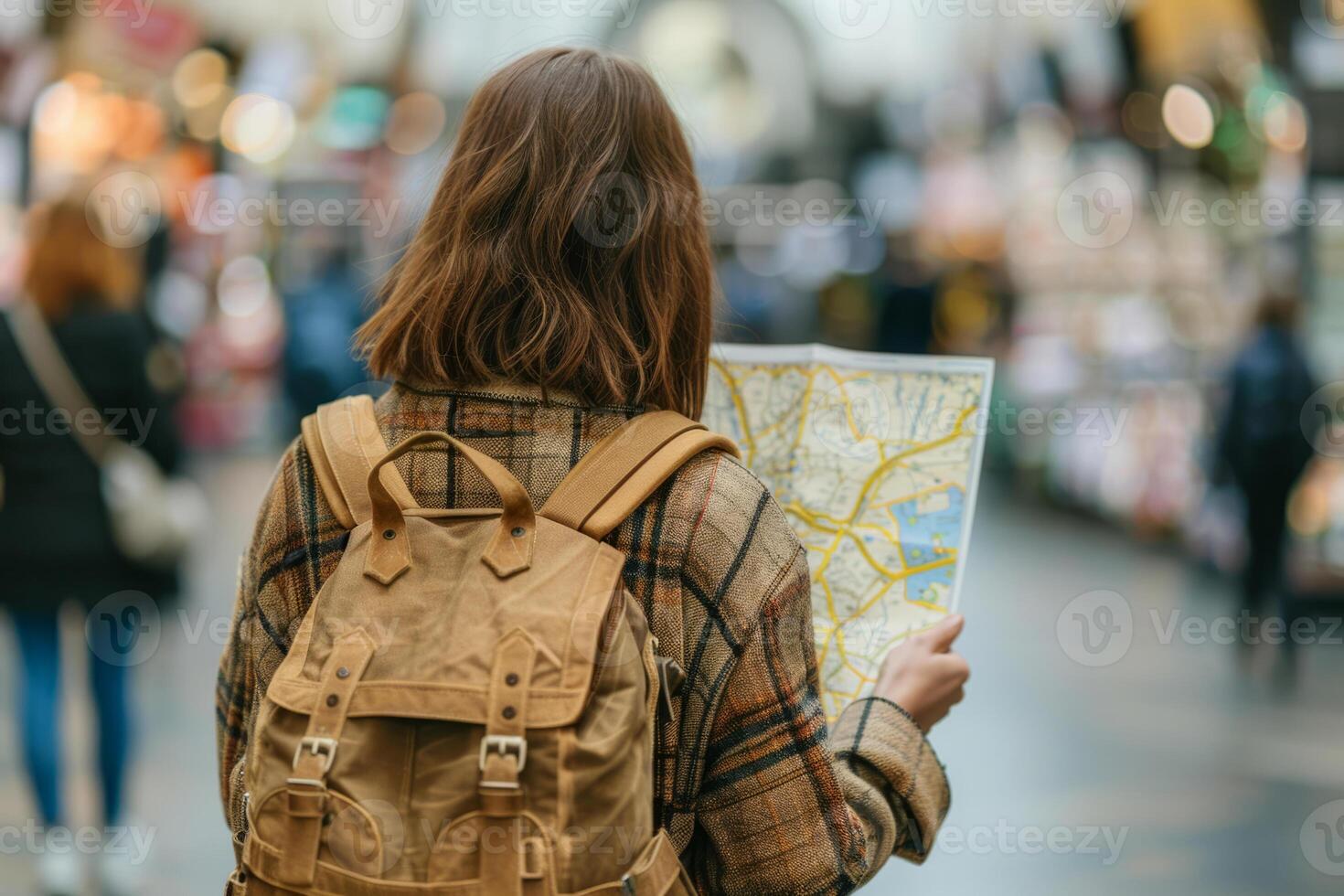 AI generated Woman with backpack looking at a map while touring a foreign city. Generative AI photo
