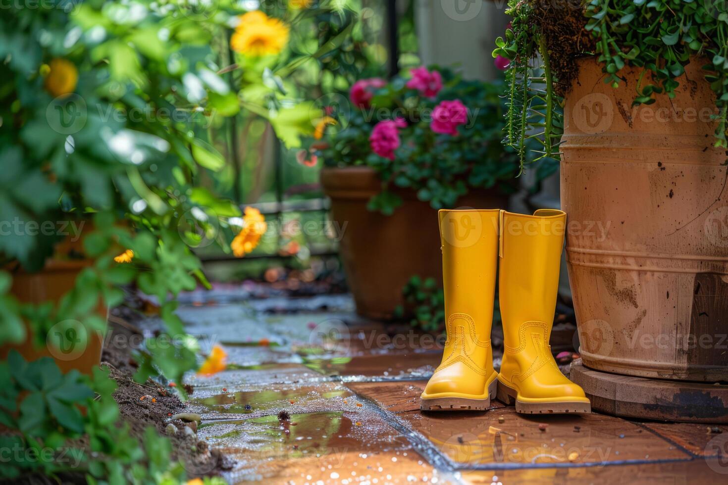 AI generated Gardening background with flower pots and yellow boots in sunny spring garden. Generative AI photo