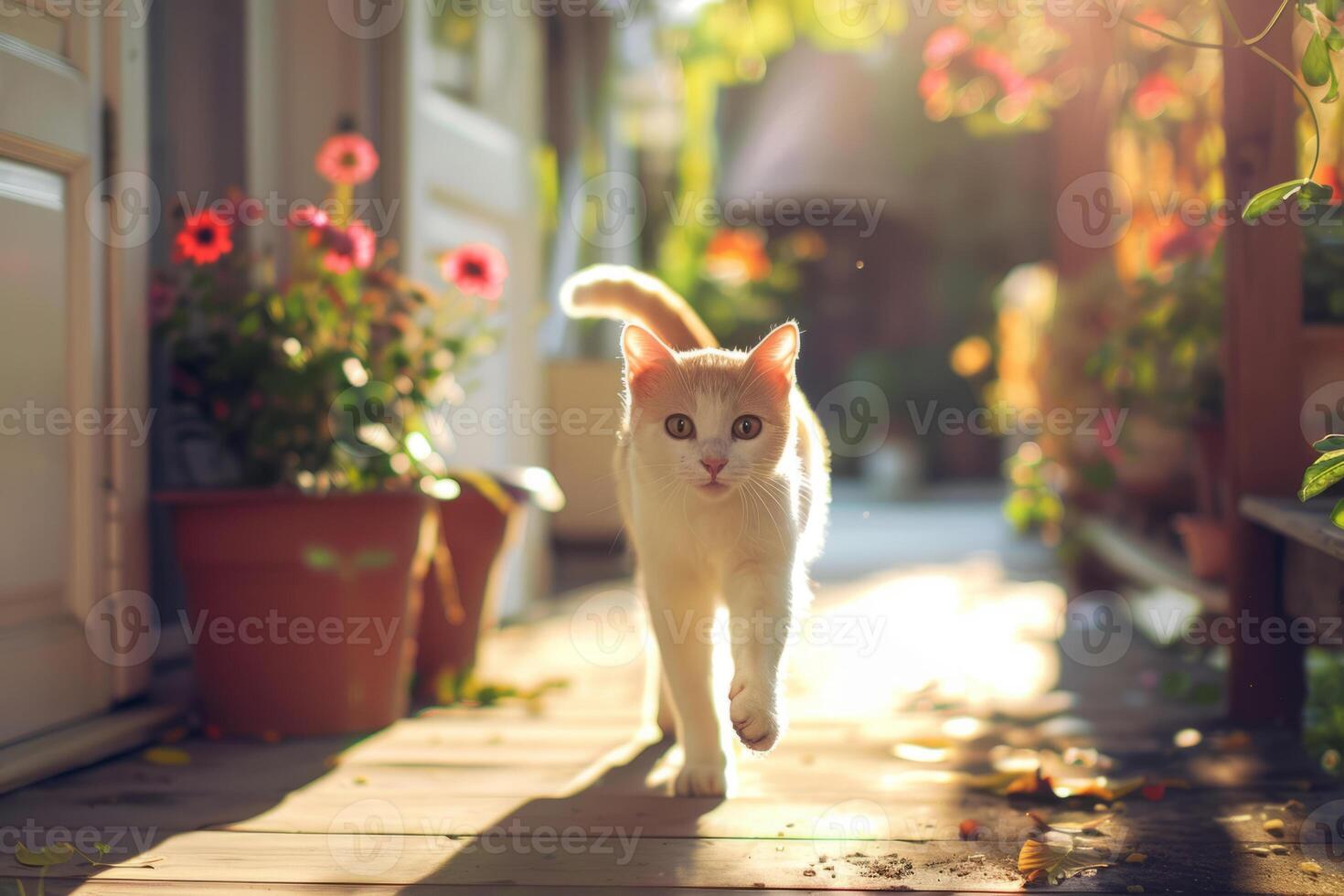 ai generado gato corriendo en un soleado frente porche. generativo ai foto