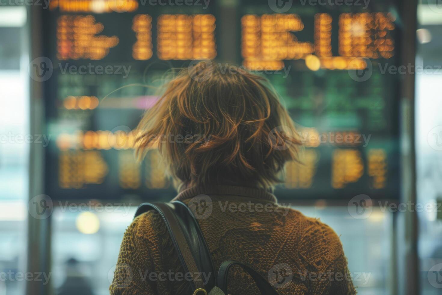 AI generated Rear view of a woman looking at arrival departure board. Generative AI photo