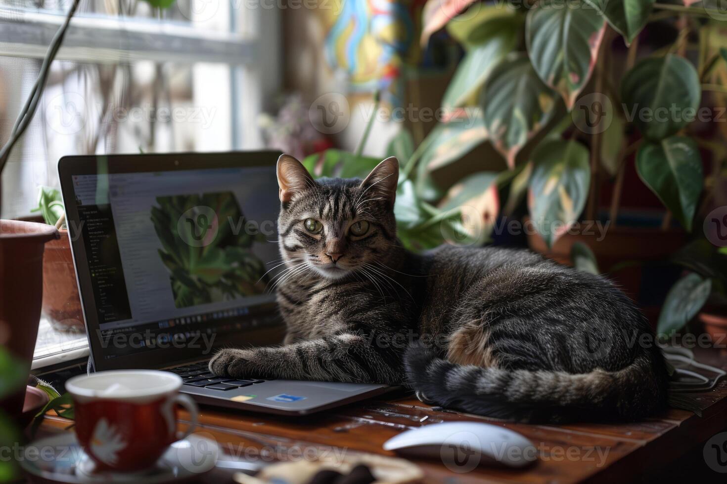 ai generado linda gato en escritorio con computadora portátil, café taza y planta en elegante habitación. Lanza libre concepto. generativo ai foto