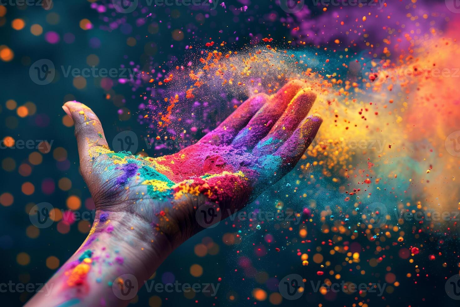 AI generated Hand holds vibrant colorful powder. Holi festival concept. Generative AI photo