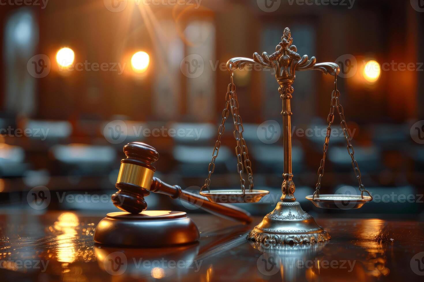 AI generated Judge gavel and scales of justice in the court hall. Law concept of judiciary. Generative AI photo