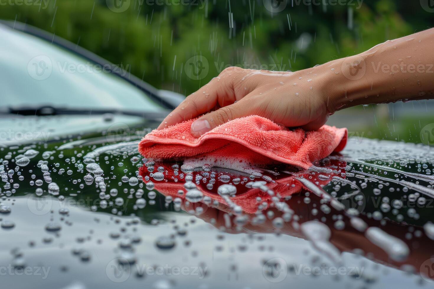 AI generated Man washing a soapy car with a microfiber cloth. Cleaning the car. Generative AI photo