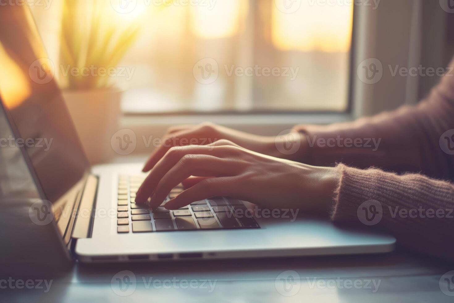 AI generated Side view of woman's hands typing on a laptop. Generative AI photo