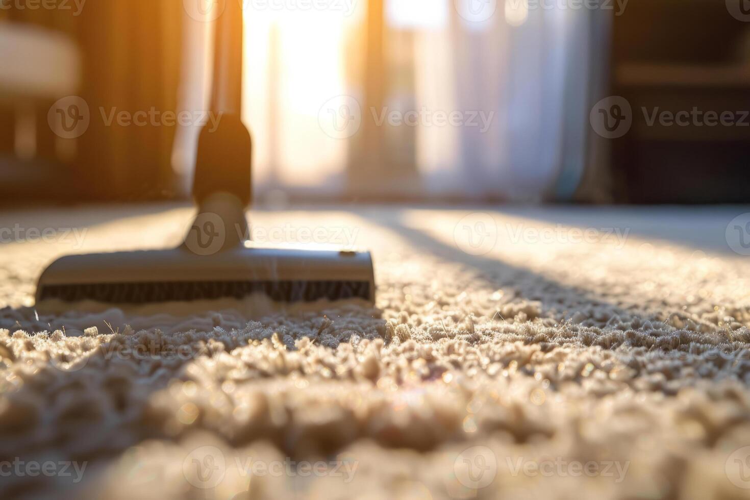 AI generated Worker removing dirt from carpet with vacuum cleaner indoors. Generative AI photo