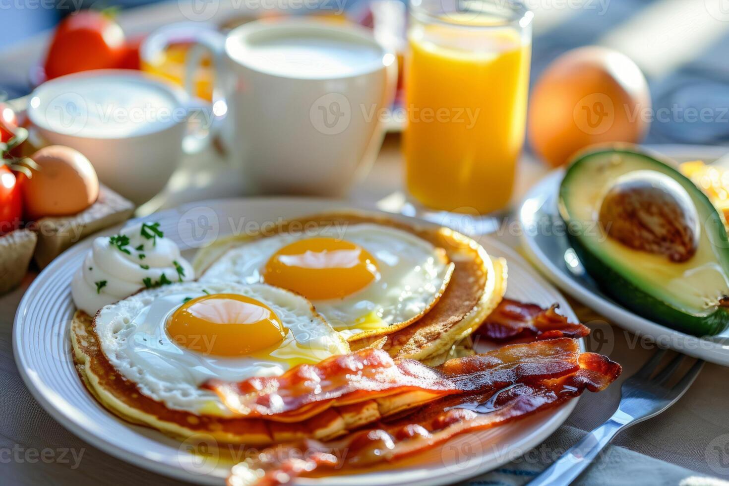 AI generated Breakfast set. Fried eggs, bacon, pancakes, avocado and orange juice. Generative AI photo