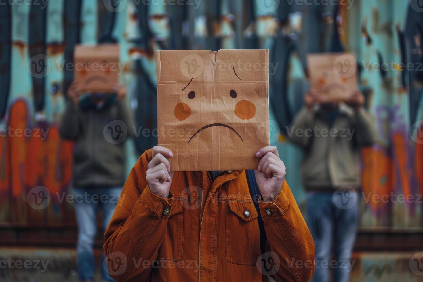 ai generado hombre sostiene imagen con triste emoticono tristeza y depresivo concepto. generativo ai foto