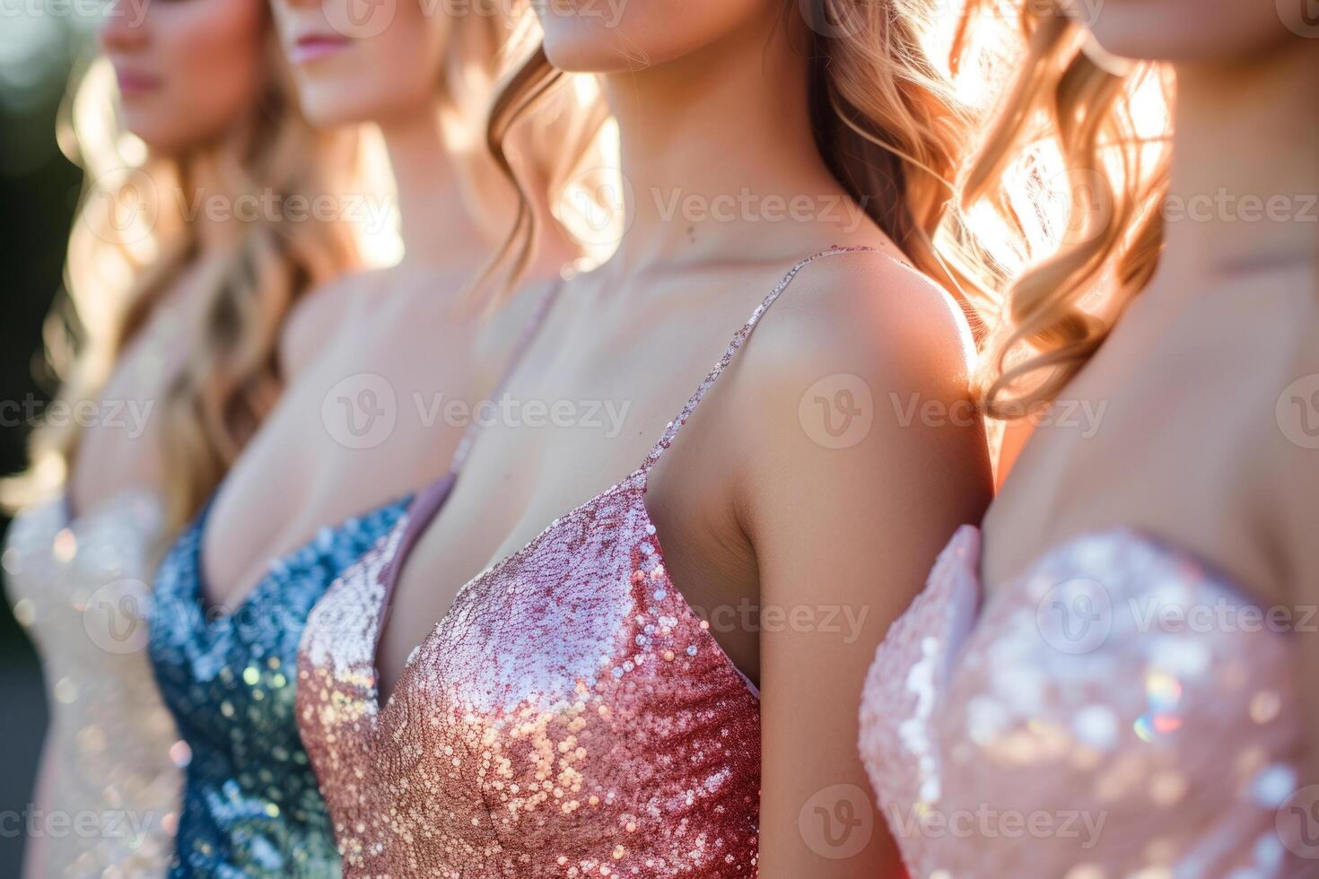 AI generated Closeup of bridesmaids in bright sequin dresses at wedding ceremony. Generative AI photo