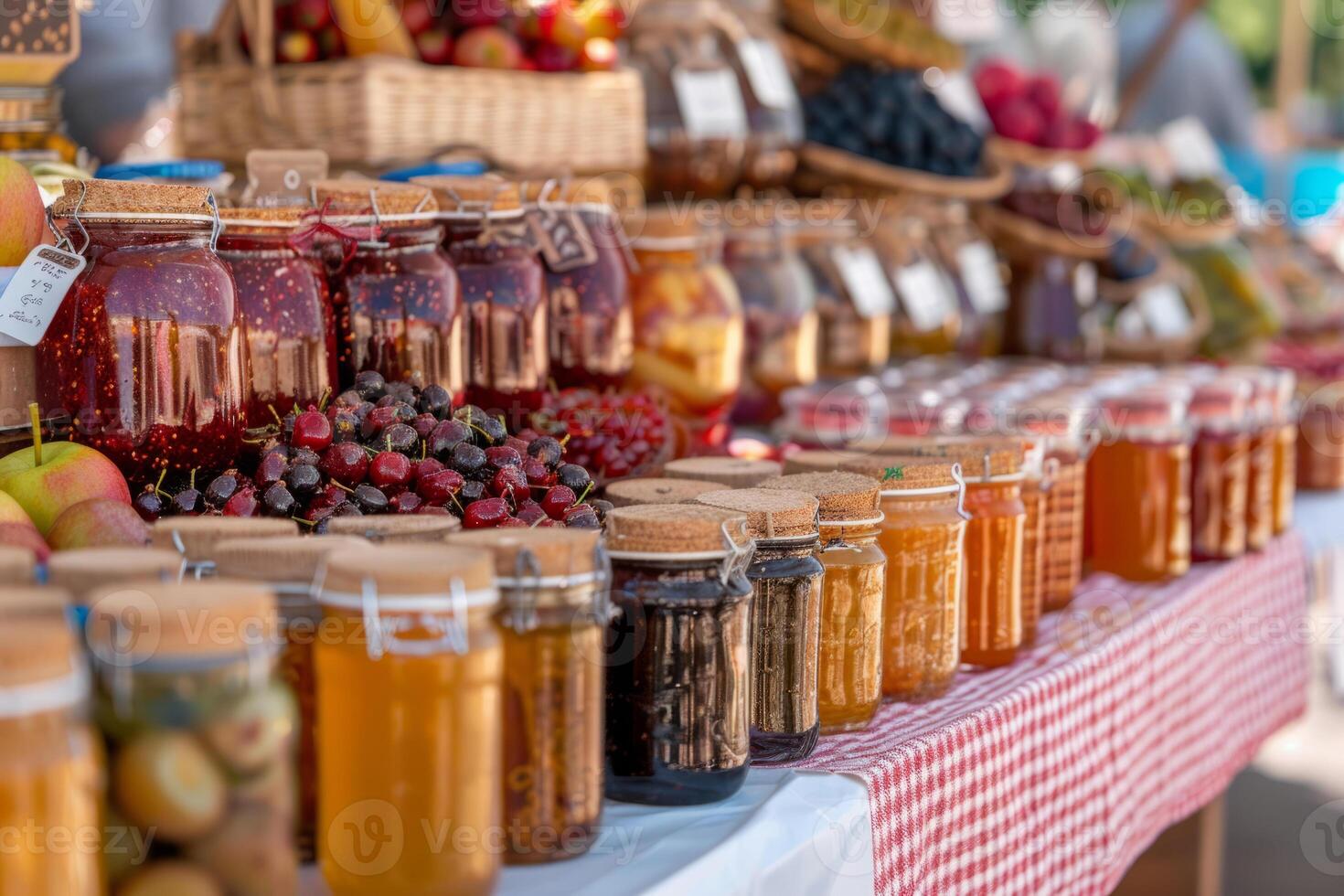 ai generado frascos de hecho en casa Enjambres y salsas a un local agricultores mercado. generativo ai foto